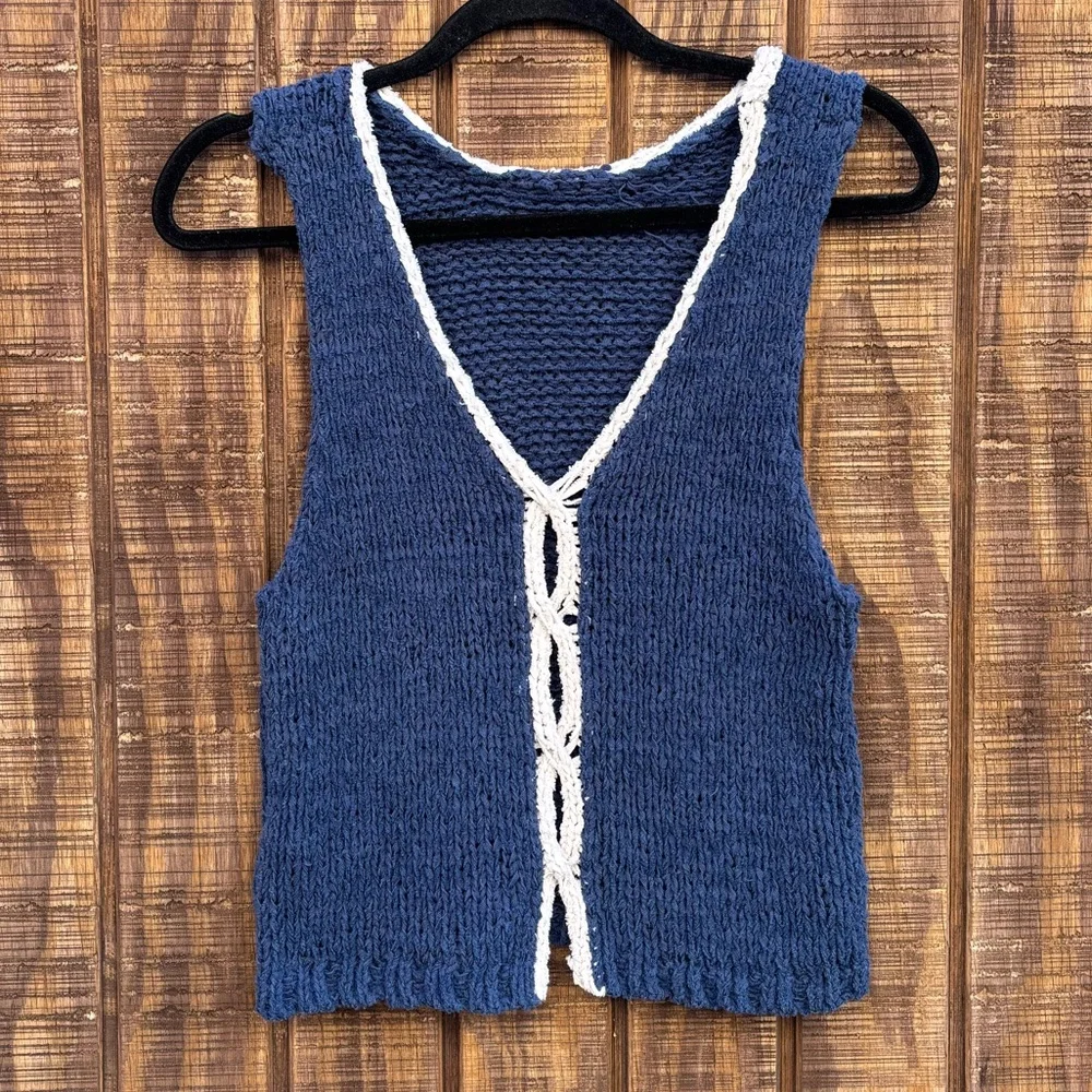 Free People Blue Knit Tank Top with White Trim